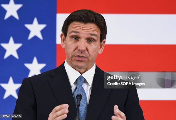 Florida Governor Ron DeSantis speaks at a press conference at the American Police Hall of Fame & Museum in Titusville. DeSantis used the event to...