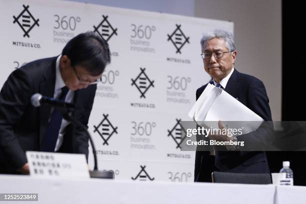 Kenichi Hori, president and chief executive officer of Mitsui & Co., right, departs a news conference in Tokyo, Japan, on Tuesday, May 2, 2023....