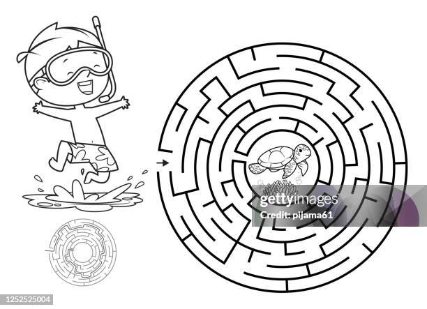 ilustrações, clipart, desenhos animados e ícones de labirinto, menino bonito pulando na água em máscara de mergulho - tartaruga marinha