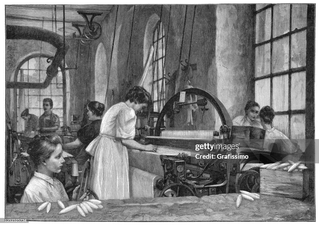 Women weaving at textile factory 1901