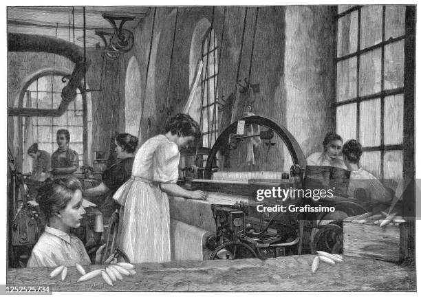 women weaving at textile factory 1901 - loom illustration stock illustrations