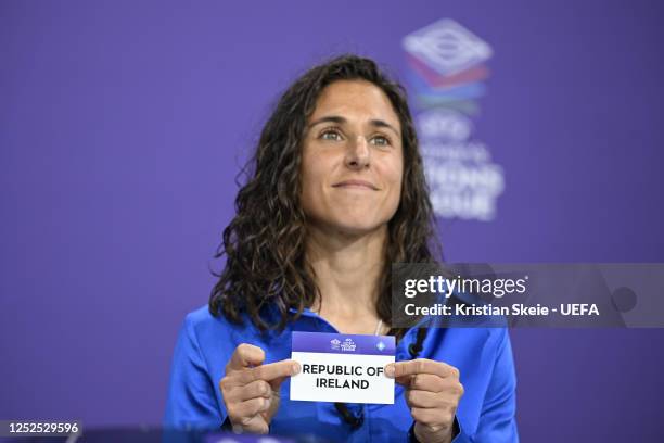 Special guest Vero Boquete draws out the card of Republic of Ireland during the UEFA Women's Nations League 2023/24 League Phase Draw at the UEFA...