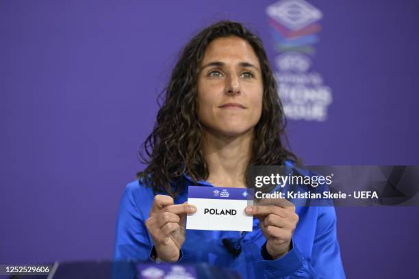 Special guest Vero Boquete draws out the card of Poland during the UEFA Women's Nations League 2023/24 League Phase Draw at the UEFA Headquarters,...