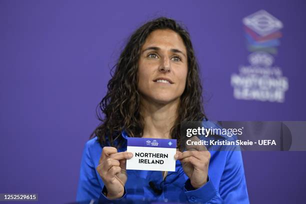 Special guest Vero Boquete draws out the card of Northern Ireland during the UEFA Women's Nations League 2023/24 League Phase Draw at the UEFA...