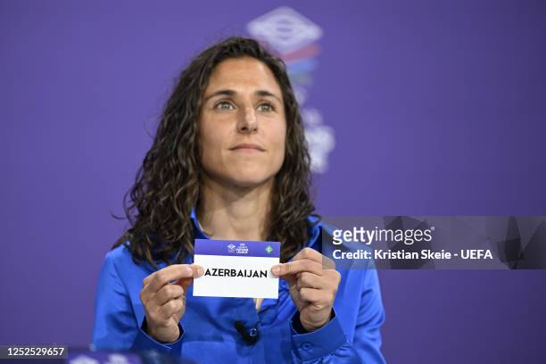 Special guest Vero Boquete draws out the card of Azerbaijan during the UEFA Women's Nations League 2023/24 League Phase Draw at the UEFA...