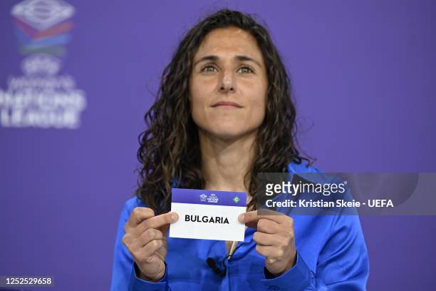 Special guest Vero Boquete draws out the card of Bulgaria during the UEFA Women's Nations League 2023/24 League Phase Draw at the UEFA Headquarters,...