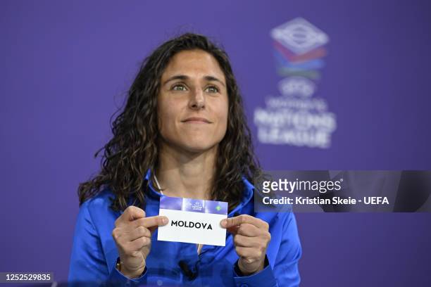 Special guest Vero Boquete draws out the card of Moldova during the UEFA Women's Nations League 2023/24 League Phase Draw at the UEFA Headquarters,...