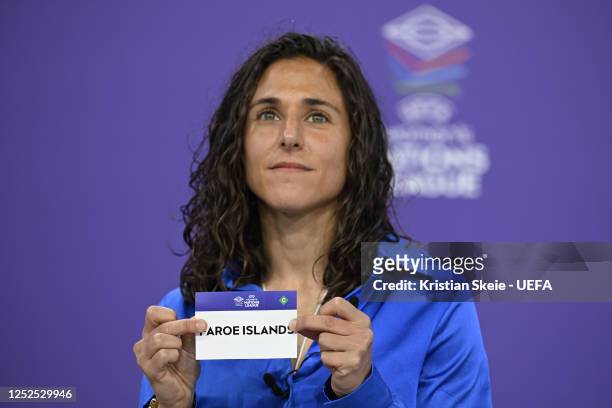 Special guest Vero Boquete draws out the card of Faroe Islands during the UEFA Women's Nations League 2023/24 League Phase Draw at the UEFA...