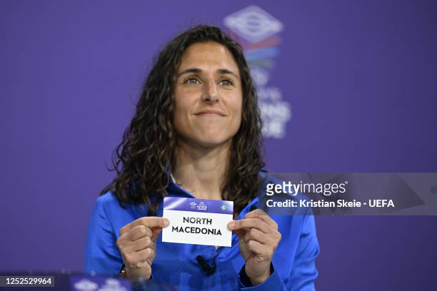 Special guest Vero Boquete draws out the card of North Macedonia during the UEFA Women's Nations League 2023/24 League Phase Draw at the UEFA...