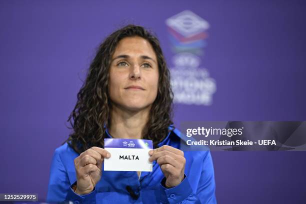 Special guest Vero Boquete draws out the card of Malta during the UEFA Women's Nations League 2023/24 League Phase Draw at the UEFA Headquarters, The...