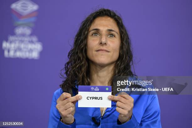 Special guest Vero Boquete draws out the card of Cyprus during the UEFA Women's Nations League 2023/24 League Phase Draw at the UEFA Headquarters,...