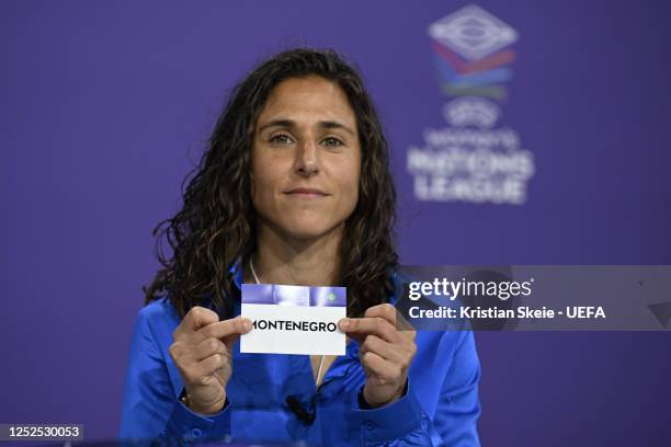 Special guest Vero Boquete draws out the card of Montenegro during the UEFA Women's Nations League 2023/24 League Phase Draw at the UEFA...