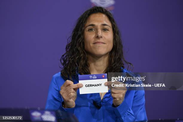 Special guest Vero Boquete draws out the card of Germany during the UEFA Women's Nations League 2023/24 League Phase Draw at the UEFA Headquarters,...