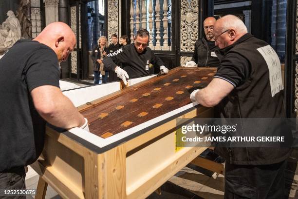 Illustration picture shows a press moment on the start of the third phase of the restoration of the Mystic Lamb Tuesday 02 May 2023, in Gent. The...