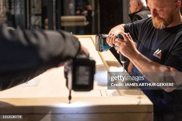 Illustration picture shows a press moment on the start of the third phase of the restoration of the Mystic Lamb Tuesday 02 May 2023, in Gent. The...