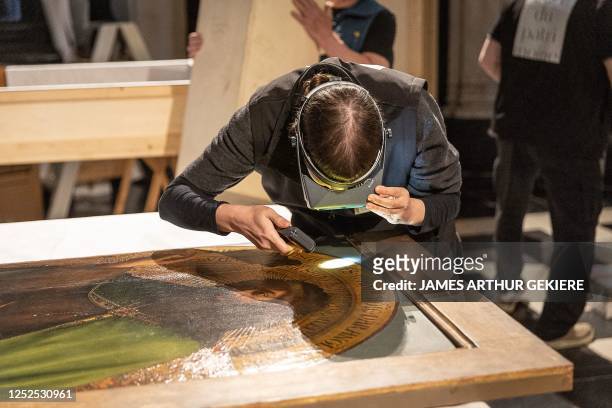 Illustration picture shows a press moment on the start of the third phase of the restoration of the Mystic Lamb Tuesday 02 May 2023, in Gent. The...