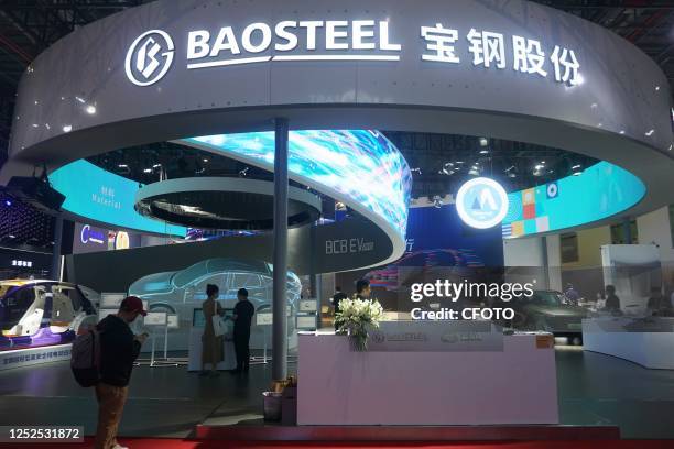 The booth of Baosteel is seen at the 2023 Shanghai Auto Show in Shanghai, China, April 19, 2023. May 2, 2023 - China's Baosteel signed a cooperation...