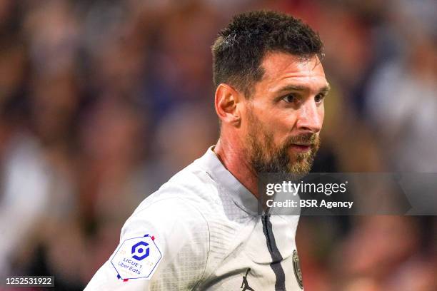 Lionel Messi of Paris Saint-Germain looks on during the Ligue 1 Uber Eats match between Lille OSC and Paris Saint-Germain at the Stade Pierre-Mauroy...