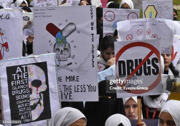 April 29 Srinagar, India: Students of women's college Srinagar take part during a demonstration against drug use, especially young people.