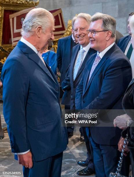 King Charles III meets Sir Jeffrey Donaldson DUP as the King and the Queen Consort attend Westminster Hall Reception at Westminster Hall on May 2,...