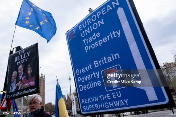 Anti-Brexit protesters continue their campaign against Brexit and the Conservative government in Westminster on 26th April 2023 in London, United...