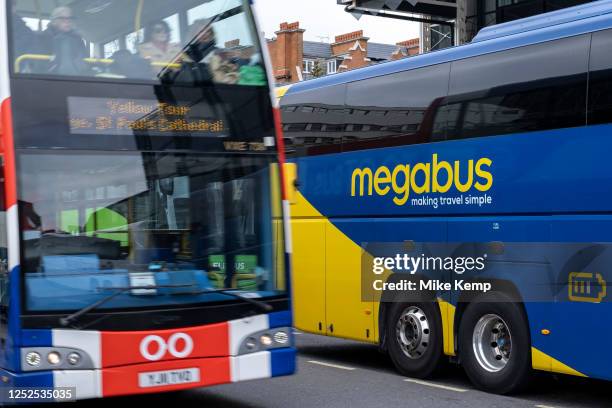 Megabus coach on 26th April 2023 in London, United Kingdom. Megabus is a long-distance intercity coach service operator owned by Scottish Citylink...