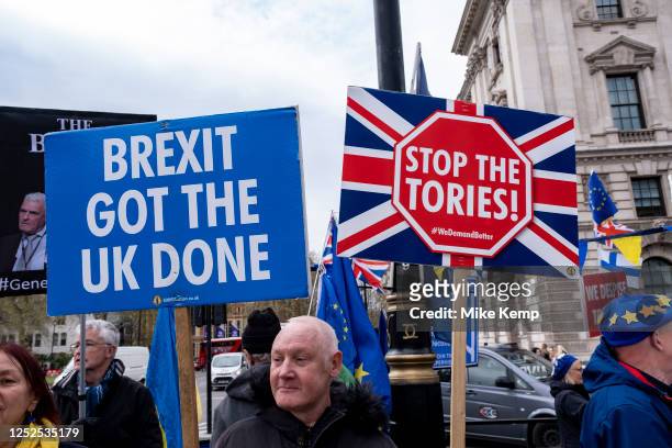 Anti-Brexit protesters continue their campaign against Brexit and the Conservative government in Westminster on 26th April 2023 in London, United...