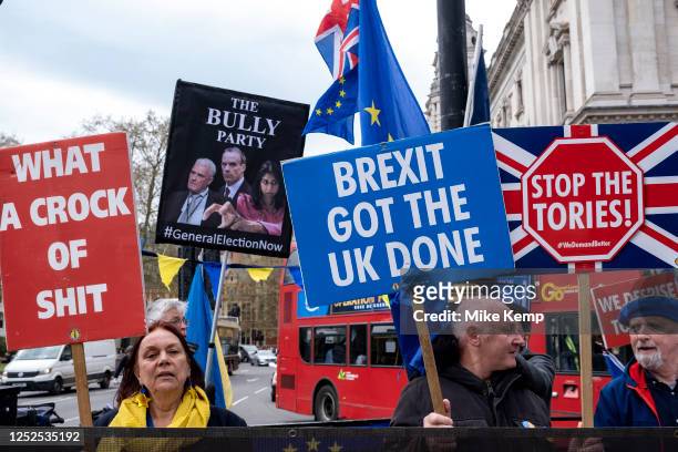 Image contains profanity) Anti-Brexit protesters continue their campaign against Brexit and the Conservative government in Westminster on 26th April...