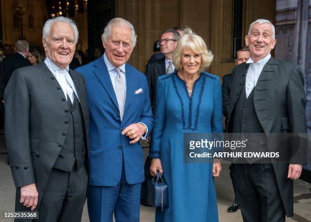 Britain's King Charles III and Britain's Camilla, Queen Consort pose with Britain's Lord Speaker of the House of Lords and Speaker of the House of...
