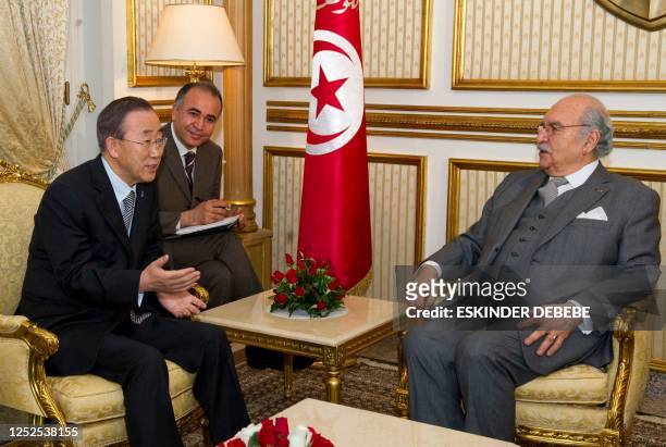 Tunisian President Fouad Mbazaa meets with UN Secretary-General Ban Ki-moon on March 22, 2011 in Tunis . About 100 Tunisian Islamist hardliners held...