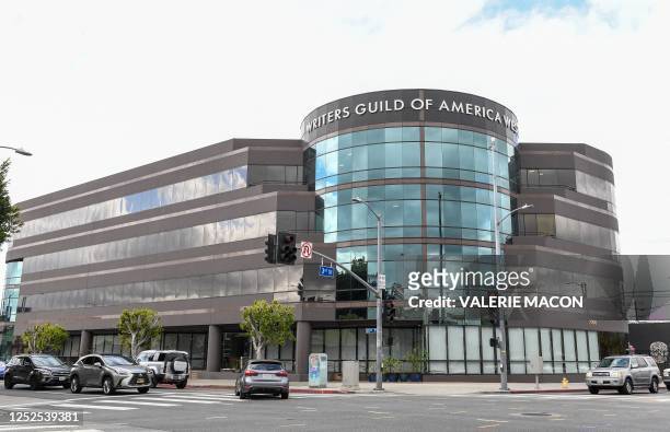 The Writers Guild of America West building in Los Angeles, California, on May 2, 2023. - More than 11,000 Hollywood television and movie writers went...