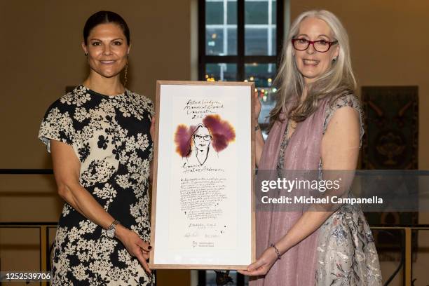 Crown Princess Victoria of Sweden poses for a picture with US writer Laurie Halse Anderson winner of the Astrid Lindgren Memorial Award 2023 at the...