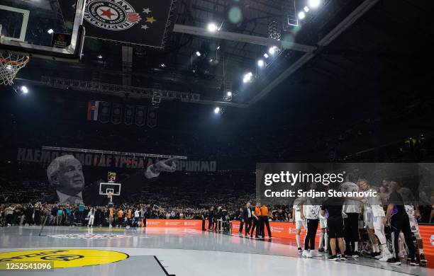 Supporters of Partizan raise a banner with Head coach Zeljko Obradovic prior to the the 2022/2023 Turkish Airlines EuroLeague Play Offs Game 3 match...