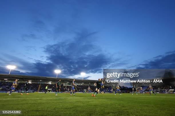 General view of match action at the Montgomery Waters Meadow Stadium, the home of Shrewsbury Town during the Sky Bet League One between Shrewsbury...