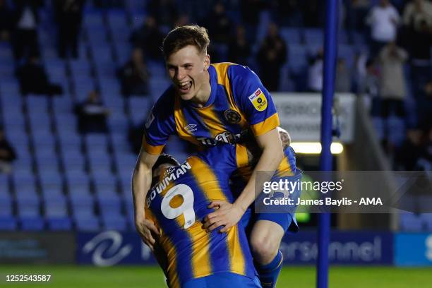 Rob Street of Shrewsbury Town celebrates after scoring a goal to make it 2-0 with Ryan Bowman of Shrewsbury Town during the Sky Bet League One...