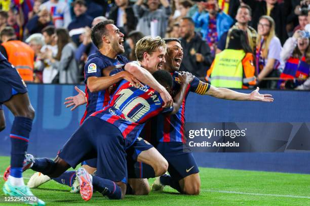Jordi Alba of FC Barcelona celebrates with his teammates after scoring a goal during the Spanish La liga football match between FC Barcelona vs CA...
