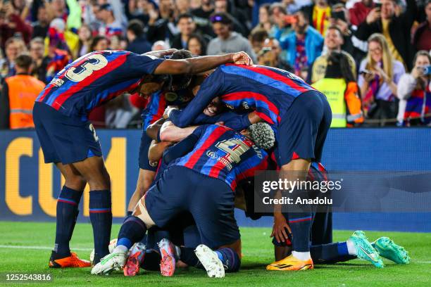 Jordi Alba of FC Barcelona celebrates with his teammates after scoring a goal during the Spanish La liga football match between FC Barcelona vs CA...