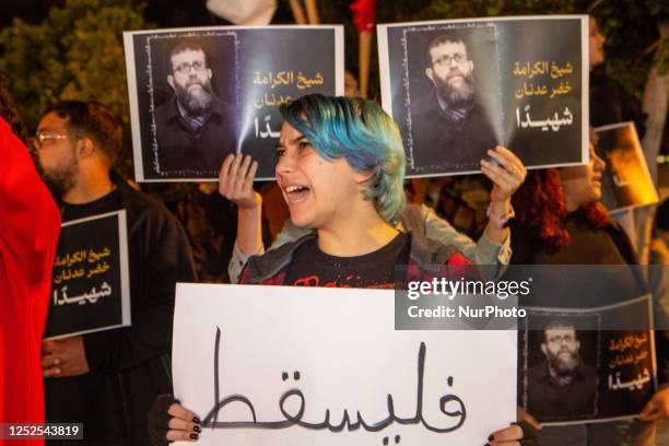 Palestinian citizens of Israel protest in the northern port city of Haifa, Israel, on Tuesday, 2 May following the death of Khader Adnan, a...