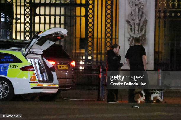 Police sniffer dog at the scene outside Buckingham Palace after a man was arrested and a subsequent controlled explosion was carried out on May 2,...