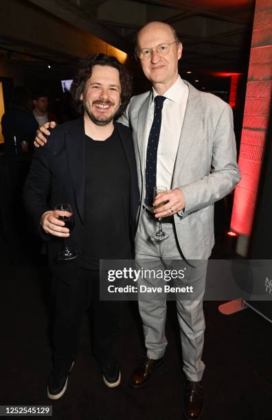 Edgar Wright and Mark Gatiss attend the press night after party for "The Motive And The Cue" at The National Theatre on May 2, 2023 in London,...