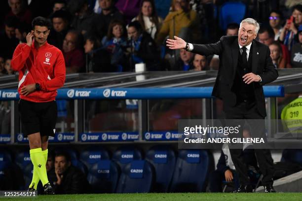 Real Madrid's Italian coach Carlo Ancelotti reacts during the Spanish league football match between Real Sociedad and Real Madrid CF at the Reale...