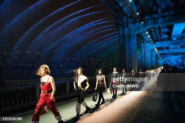 Model on the runway at Louis Vuitton Pre-Fall 2023 Ready To Wear Fashion Show on the Jamsugyo Bridge on April 29, 2023 in Seoul, Korea.