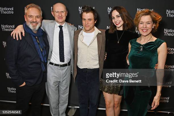 Sir Sam Mendes, Mark Gatiss, Johnny Flynn, Tuppence Middleton and Janie Dee attend the press night after party for "The Motive And The Cue" at The...