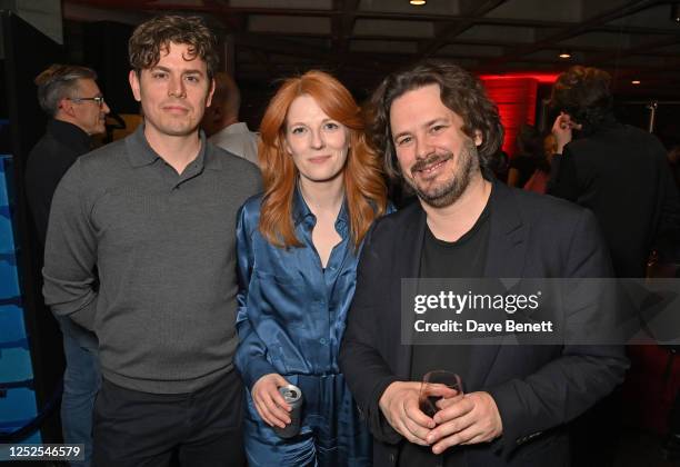 Hugh Sherlock, Krysty Wilson-Cairns and Edgar Wright attend the press night after party for "The Motive And The Cue" at The National Theatre on May...