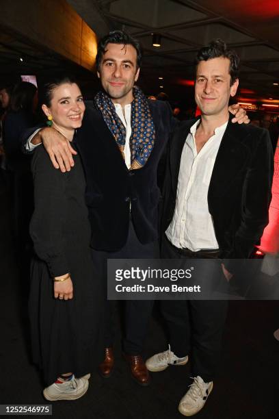 Teia Fregona, Huw Parmenter and David Ricardo-Pearce attend the press night after party for "The Motive And The Cue" at The National Theatre on May...