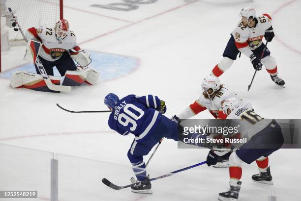 Toronto Maple Leafs center Ryan O'Reilly beats Florida Panthers goaltender Sergei Bobrovsky but misses the net in the first period as the Toronto...