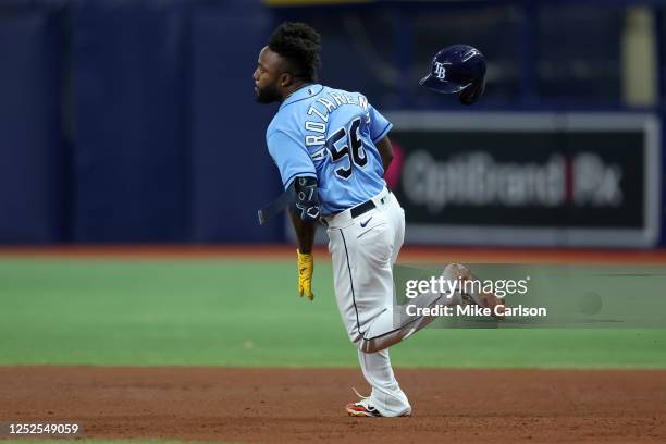 Randy Arozarena of the Tampa Bay Rays doubles against the Pittsburgh Pirates during the fourth inning at Tropicana Field on May 2, 2023 in St....