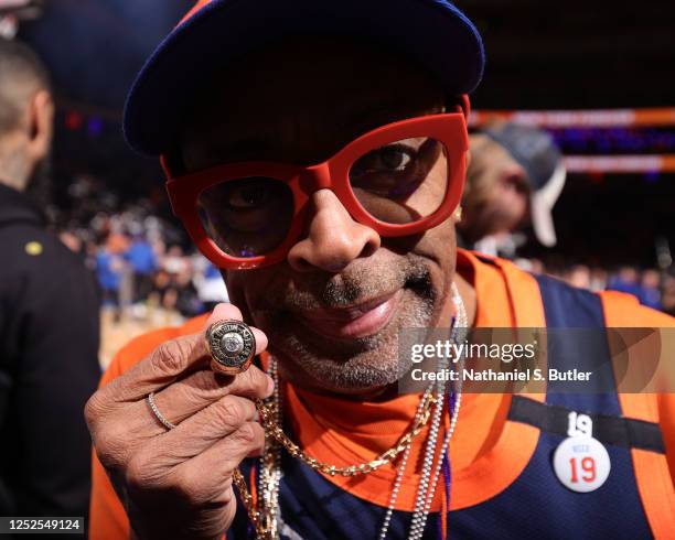 Spike Lee poses for a photo during Game Two of the Eastern Conference Semi-Finals 2023 NBA Playoffs between the Miami Heat and New York Knicks on May...