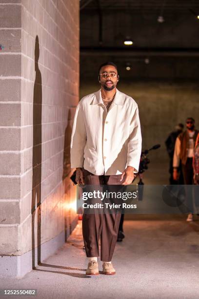May 2: D'Angelo Russell of the Los Angeles Lakers arrives to the arena prior to the game against the Golden State Warriors during Game 1 of the...