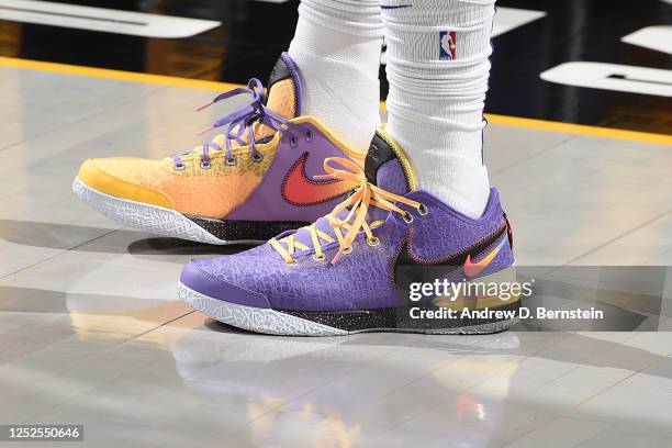 May 2: The sneakers worn by LeBron James of the Los Angeles Lakers prior to the game against the Golden State Warriors during Game 1 of the Western...